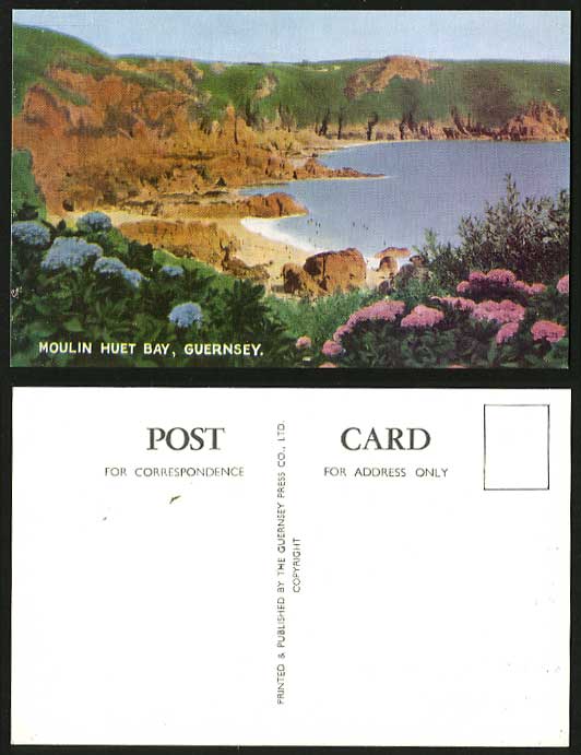 Guernsey Old Colour Postcard Beach Rock MOULIN HUET BAY