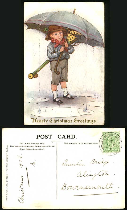 Boy & Umbrella 1906 Art Drawn Postcard Hearty Christmas