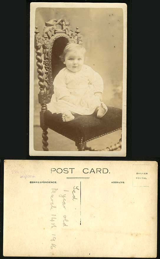 Children 1916 Postcard 1 year Old Little Girl on Chair