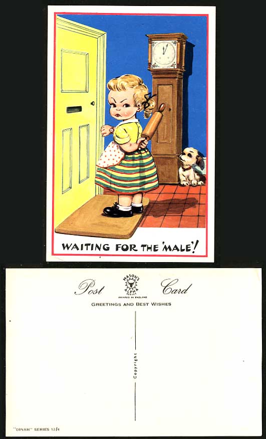 DINAH Artist Signed Old Postcard Waiting for the MALE, Rolling Pin Antique Clock