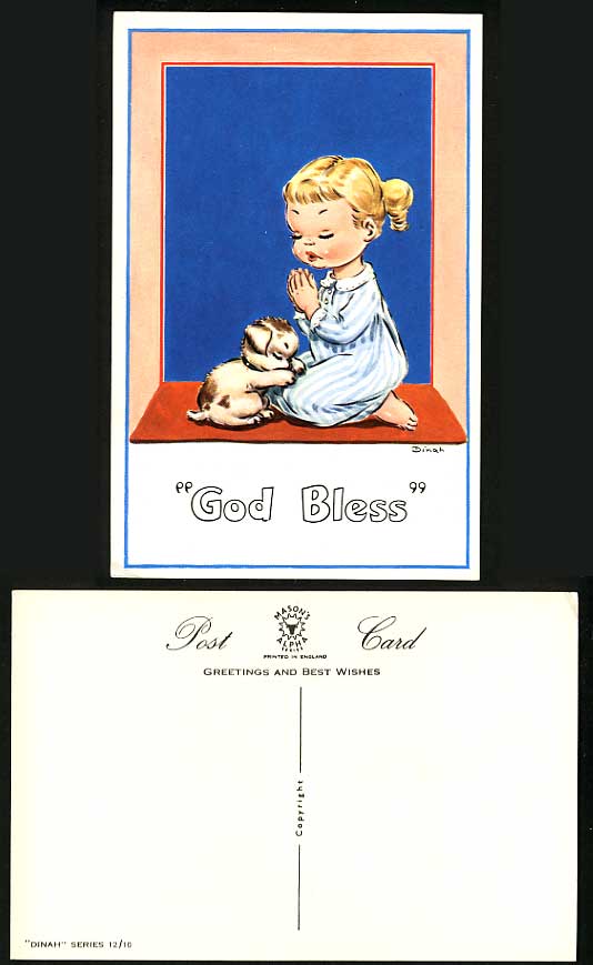 DINAH Artist Signed Old Postcard - God Bless Girl & Dog
