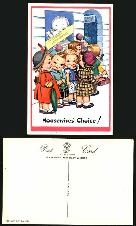 DINAH Artist Signed Old Postcard Stage Door Housewives' Choice Girls Children