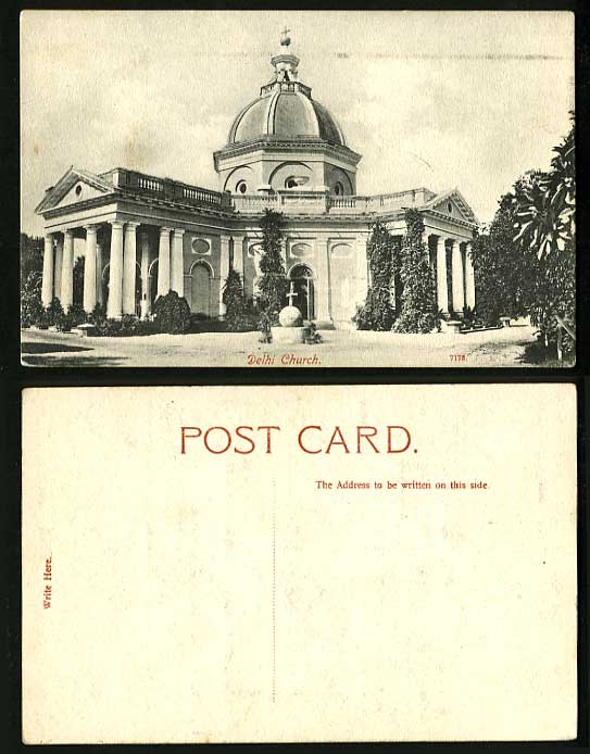 India British Indian Old Postcard Statue & Delhi Church
