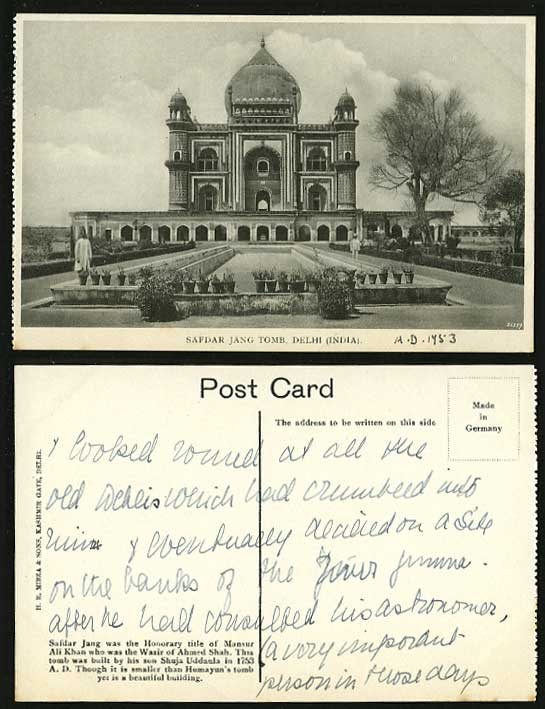 India 1953 Old Postcard Safdar Jang Tomb & Garden Delhi