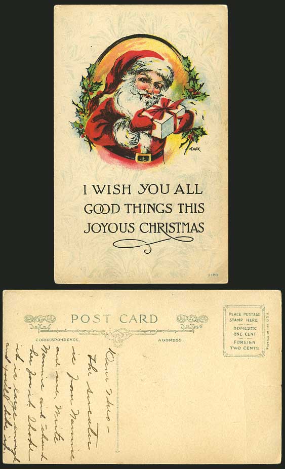 SANTA CLAUS Father Christmas & Gift M Dulk Old Postcard