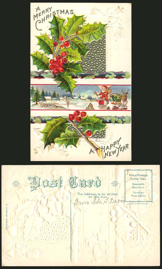 SANTA CLAUS Christmas Trees Old Postcard Happy New Year