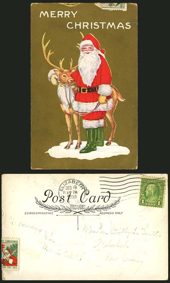 SANTA CLAUS Father Christmas Reindeer 1930 Old Postcard
