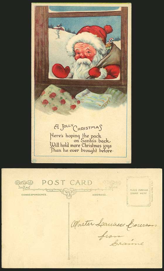 SANTA CLAUS Father Christmas & Red Gloves Old Postcard
