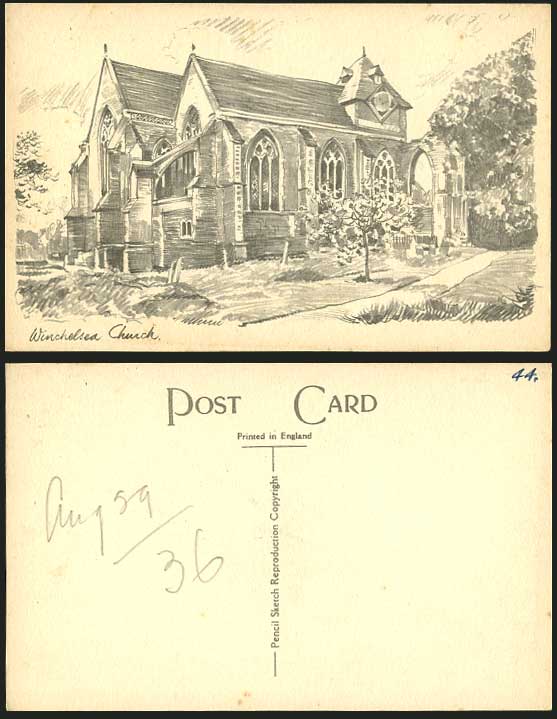 Winchelsea Church - Sussex 1936 Old ART Postcard Sketch