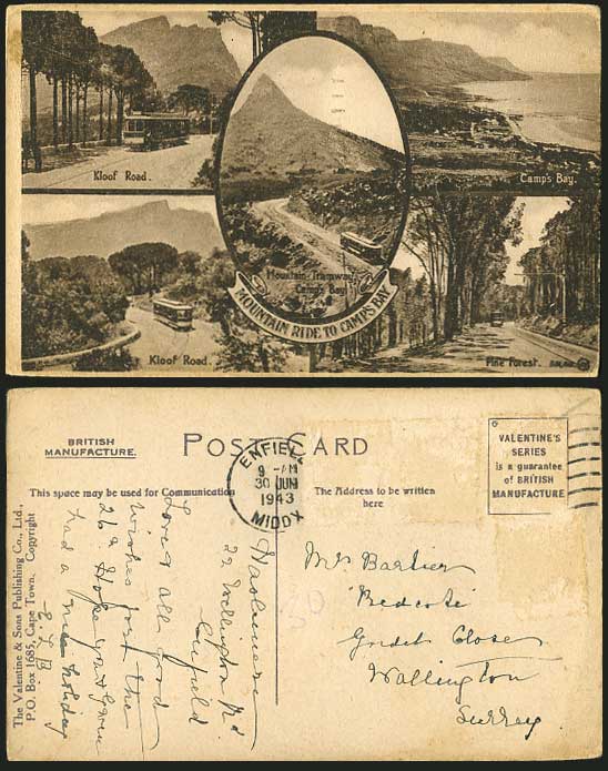 Mountain Ride Camp's Bay 1943 Postcard Kloof Road, TRAM