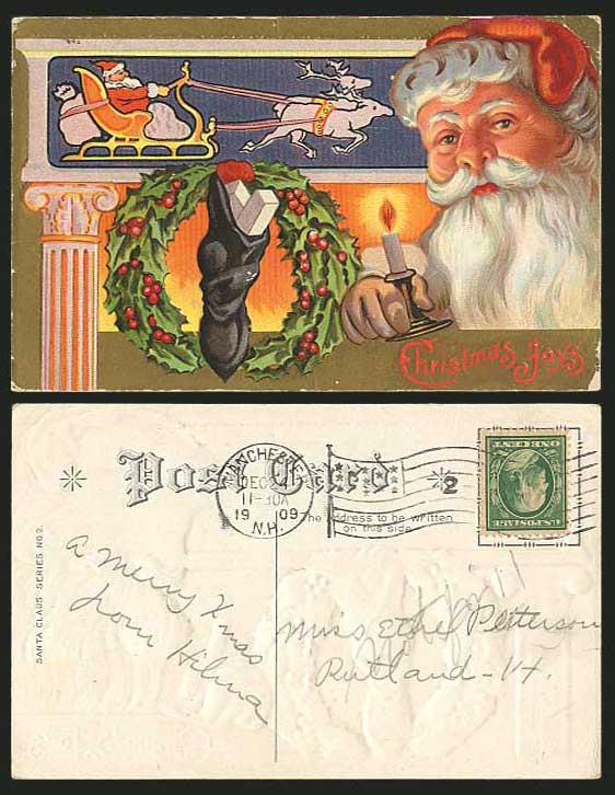 SANTA CLAUS, Christmas Candle Deer Sleigh 1909 Postcard