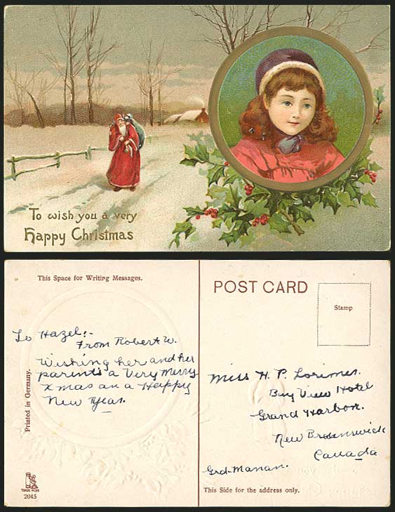 Little Girl & Father Christmas SANTA CLAUS Old Postcard