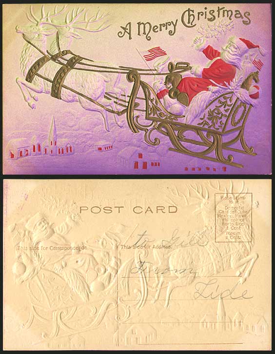 SANTA CLAUS Father Christmas & Deer Sleigh Old Postcard