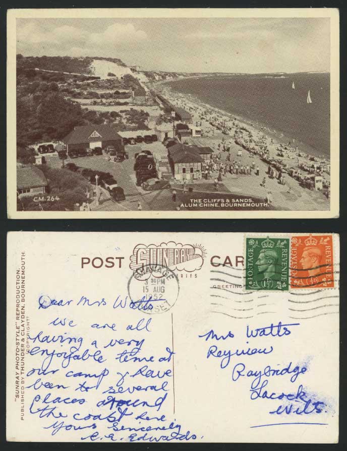 Bournemouth 1952 Old Postcard ALUM CHINE Cliffs & Sands