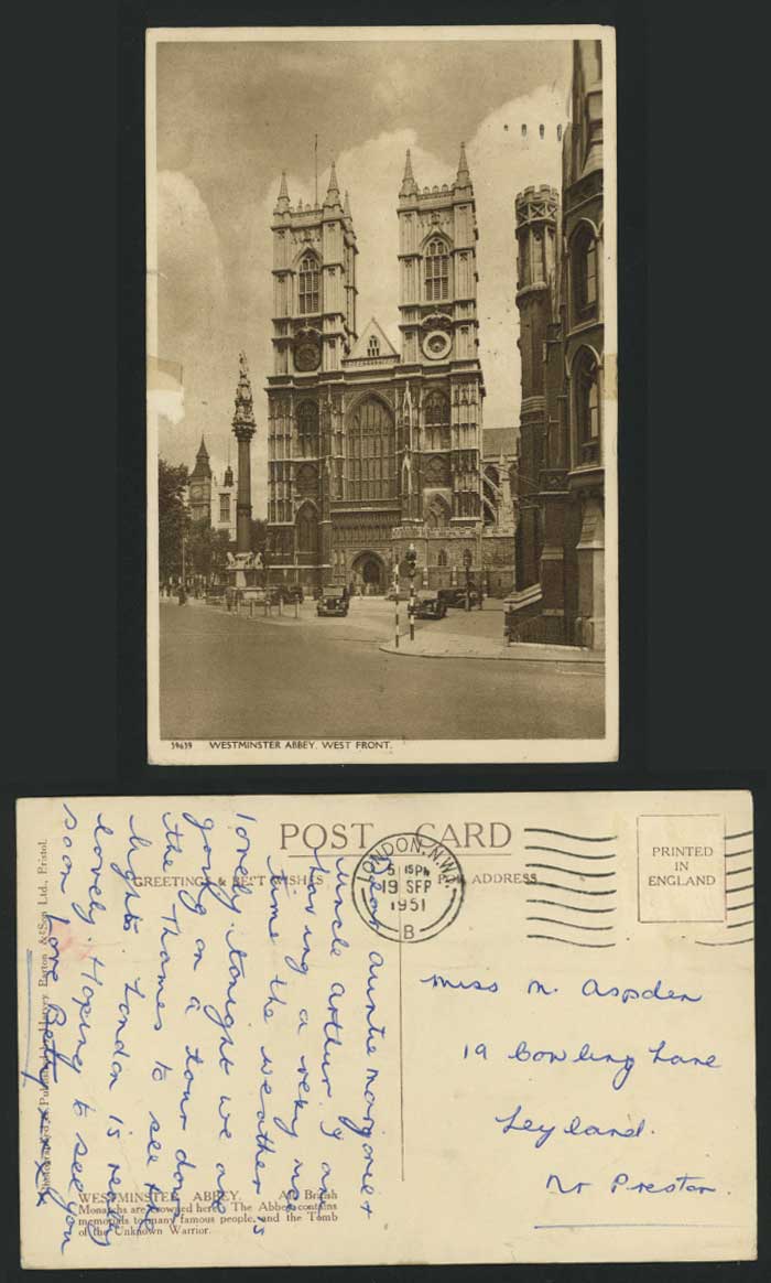 London 1951 Postcard WESTMINSTER ABBEY WEST FRONT Cars