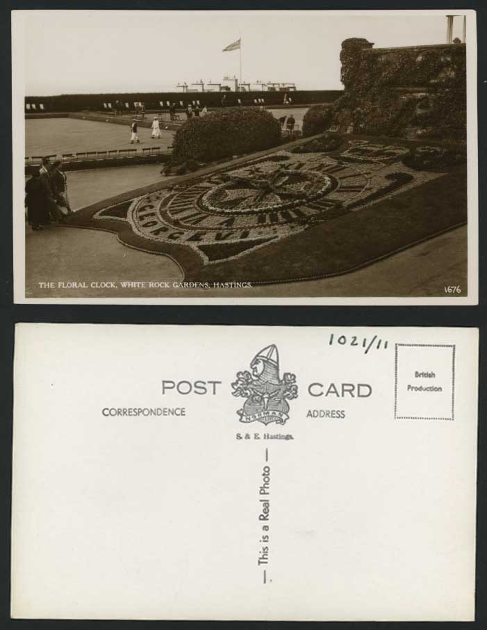 HASTINGS Old Postcard White Rock Gardens & FLORLA CLOCK