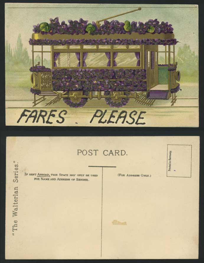FARES PLEASE Flower Glitter Decorated TRAM Old Postcard