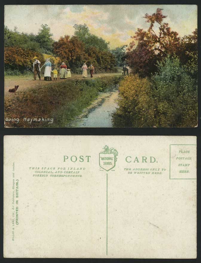Farmers Going Haymaking Old Postcard River Stream & Dog