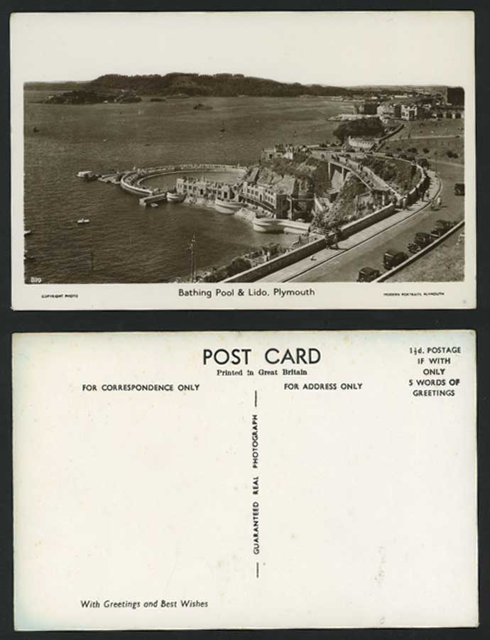 Plymouth Bathing Pool & LIDO Street & Cars Old Postcard