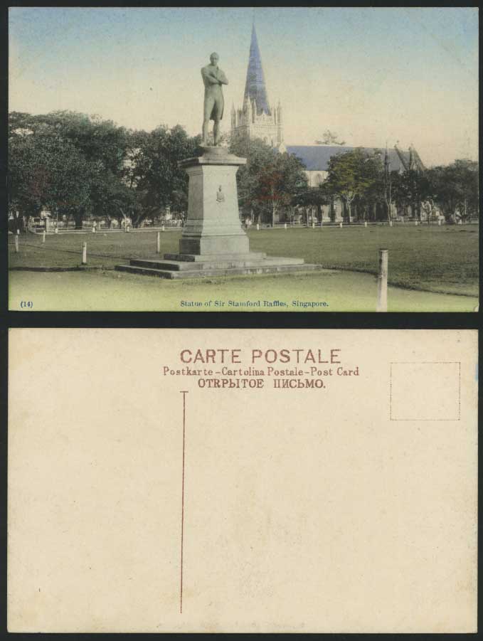 Singapore Old Hand Tinted Postcard SIR STAMFORD RAFFLES STATUE Monument Memorial
