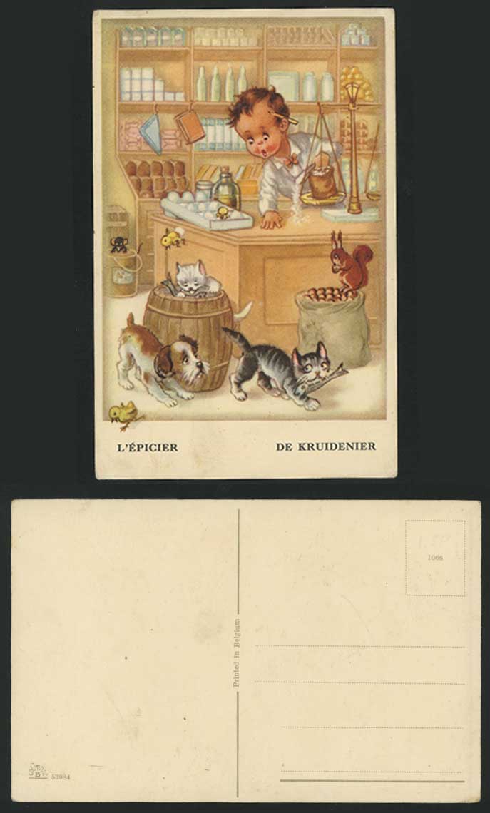 L'Epicier Kruidenier Cat Kitten Fish & Dog Old Postcard