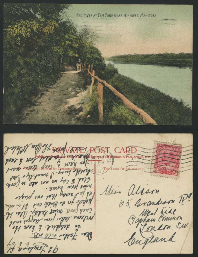 Canada WINNIPEG 1907 Old Postcard RED RIVER at ELM PARK