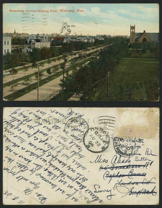 WINNIPEG 1908 Old Postcard Broadway Avenue East & TRAM