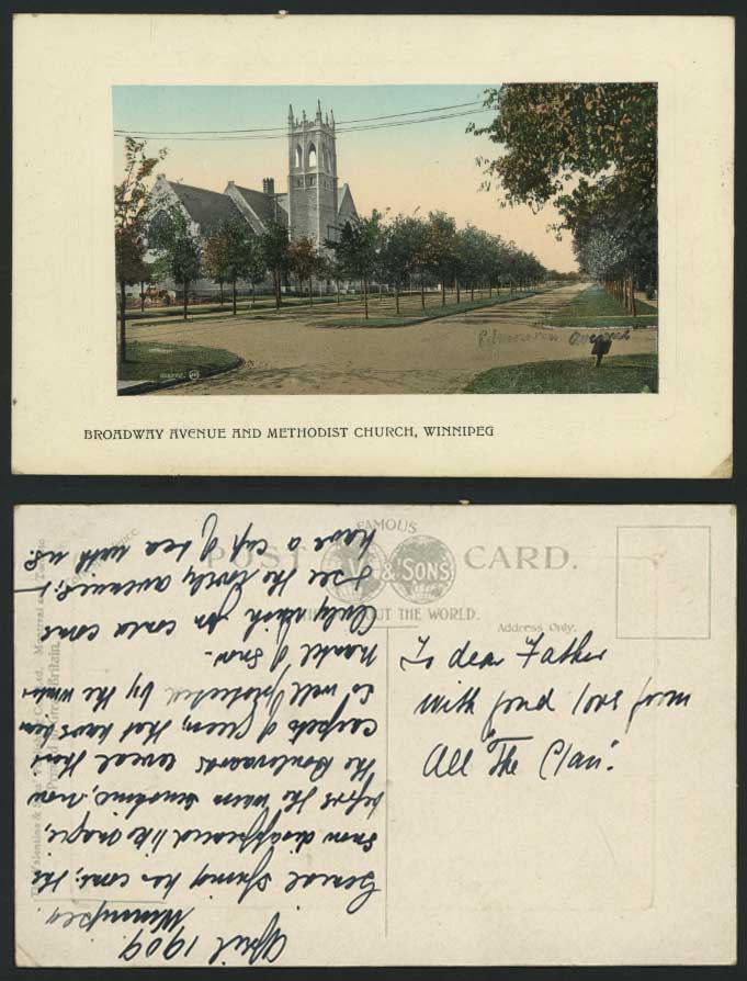 WINNIPEG 1909 Postcard Broadway Avenue Methodist Church