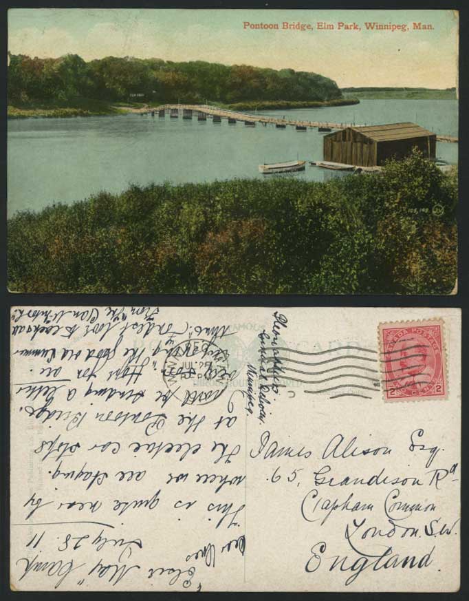 WINNIPEG 1911 Old Postcard PONTOON BRIDGE ELM PARK Man.