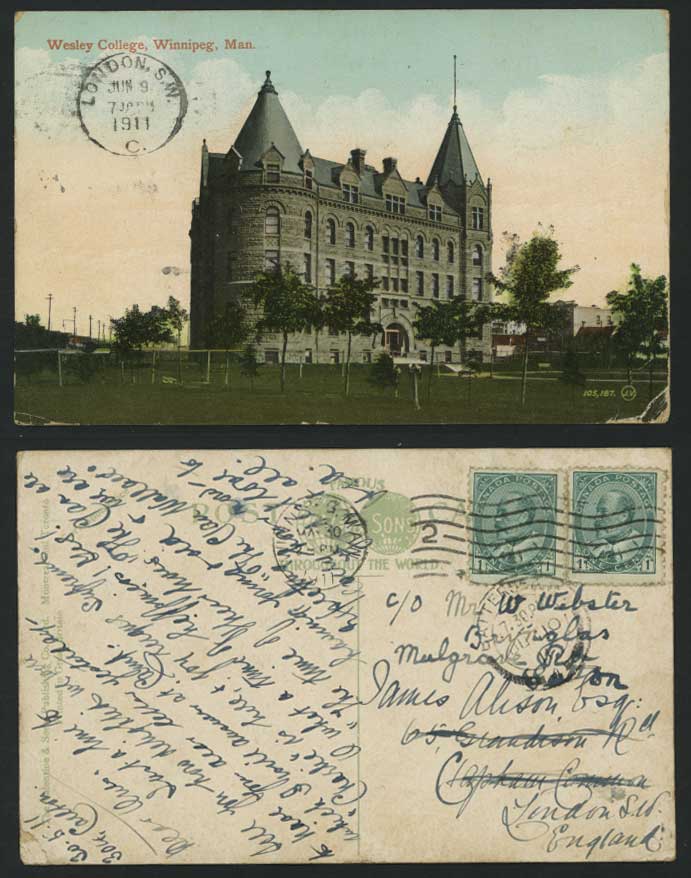 Canada 1911 Old Postcard WESLEY COLLEGE School Winnipeg