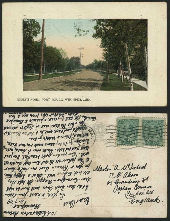 Winnipeg Man. 1909 Old Postcard ROSLYN ROAD, FORT ROUGE