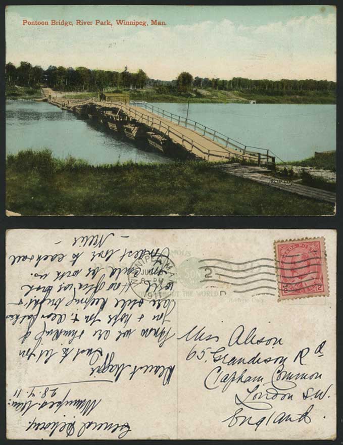 WINNIPEG 1911 Old Postcard PONTOON BRIDGE - River Park