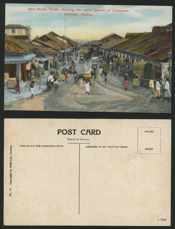 Ceylon Old Colour Postcard Main Street Scene Pettah Commerce Quarter