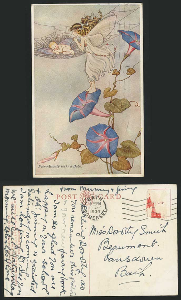 IR &G OUTHWAITE 1934 Postcard Fairy Beauty Rocks a Babe Baby Sleep in Spider Web