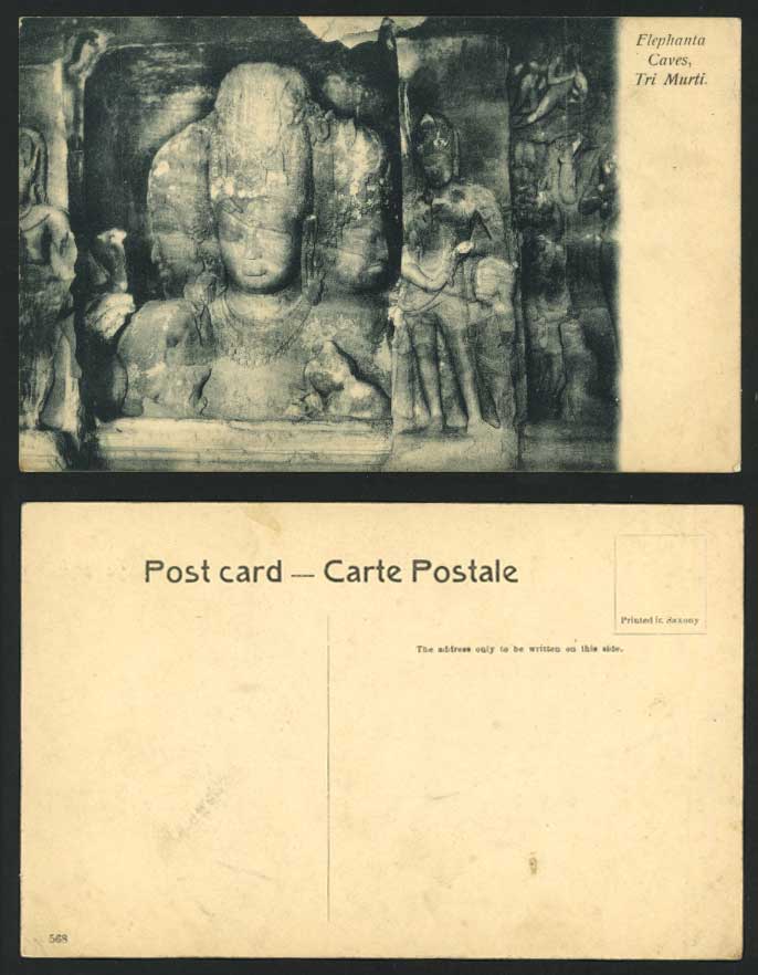 India Old Postcard ELEPHANTA CAVES The TRI MURTI Buddha