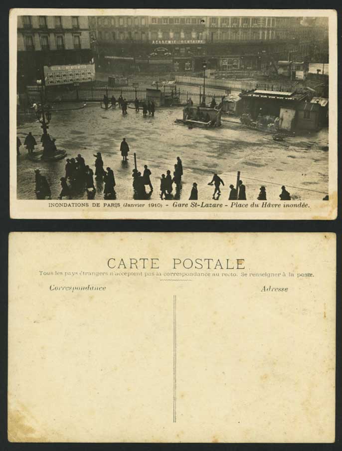 PARIS FLOOD 1910 Old Postcard St Lazare Railway Station