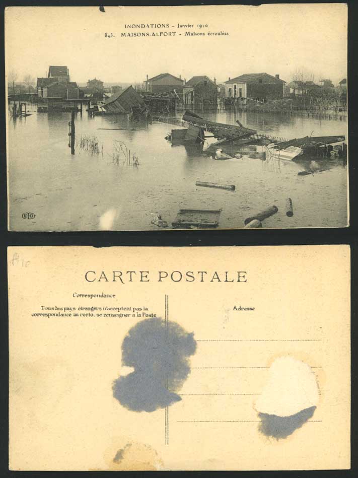Maisons Alfort Ecroulees FLOOD Paris Sub. 1910 Postcard