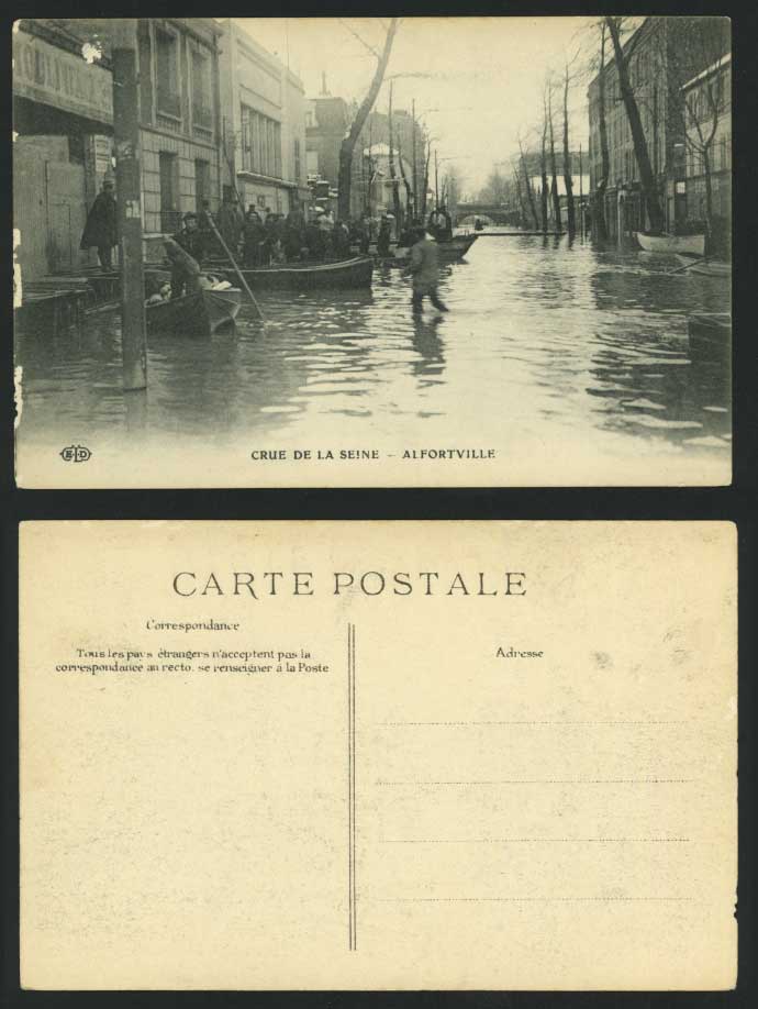 PARIS FLOOD 1910 Old Postcard Alfortville, Rescue Boats