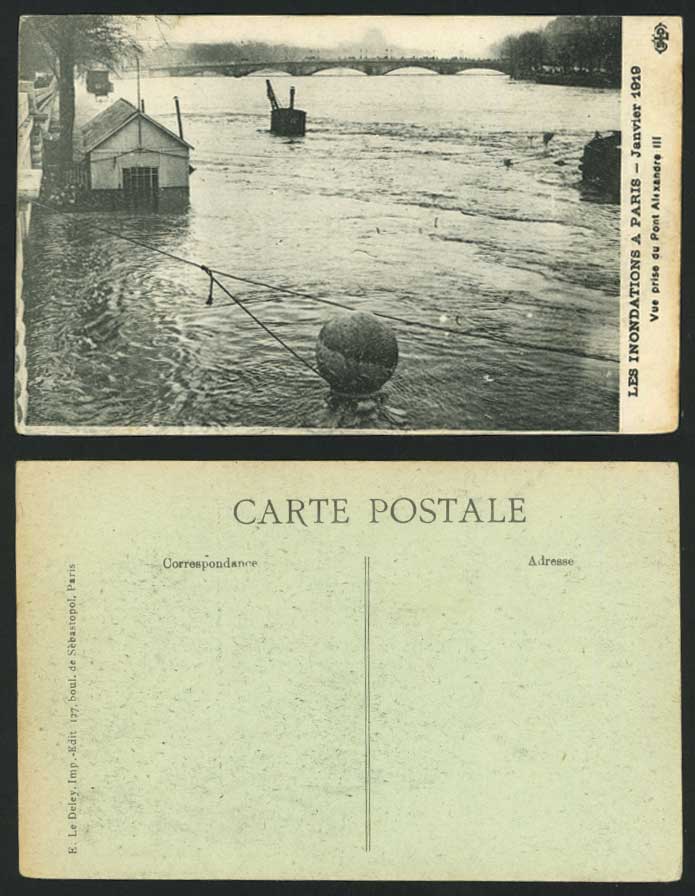 PARIS FLOOD 1919 Old Postcard Pont Alexandre III Bridge