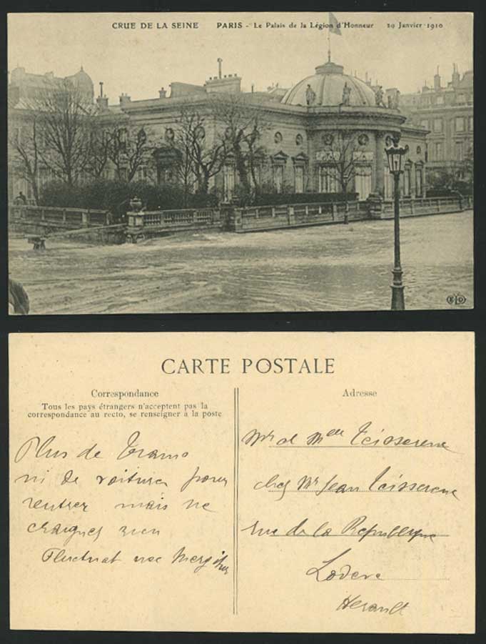 PARIS FLOOD 20 Jan 1910 Old Postcard Le Palais Legion d'Honneur Crue de la Seine