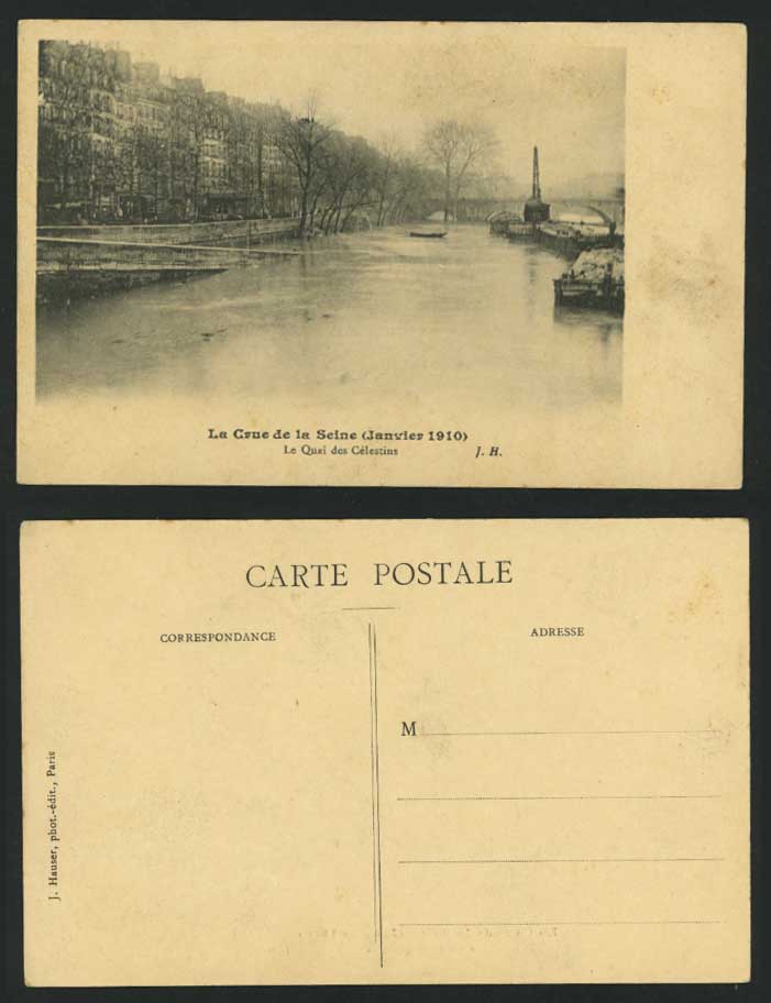 PARIS FLOOD 1910 Old Postcard Quay QUAI de CELESTINS Bridge, France, Disaster