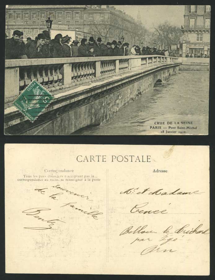 PARIS FLOOD 1910 Old Postcard Bridge, Pont Saint Michel