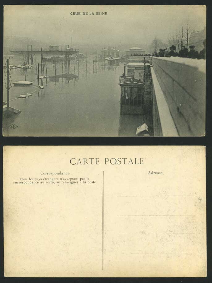 PARIS FLOOD Disaster 1910 Old Postcard Flooding & Snowy