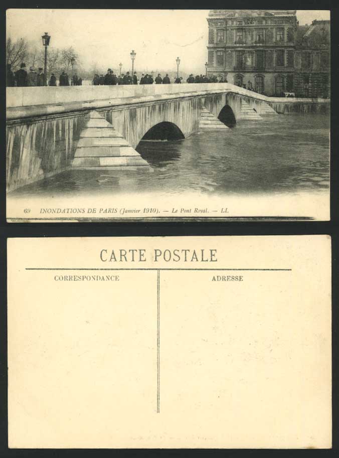 PARIS FLOOD Disaster 1910 Old Postcard PONT ROYAL Bridge L.L. 69
