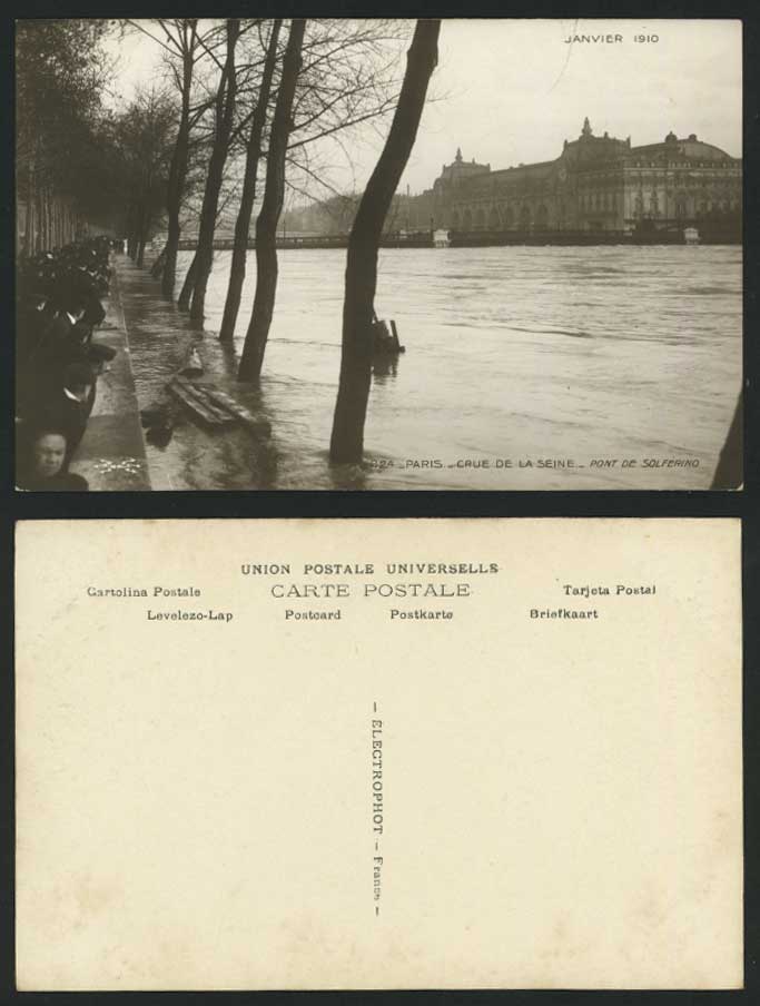 PARIS FLOOD 1910 Old Postcard Pont de Solferino Bridge & Flooded River Scene