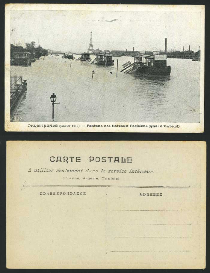 PARIS FLOOD 1910 Old Postcard Quai Auteuil EIFFEL TOWER