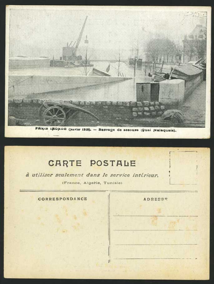 PARIS FLOOD 1910 Vintage Old Postcard Barrage Secour Quai Malaquais Quay