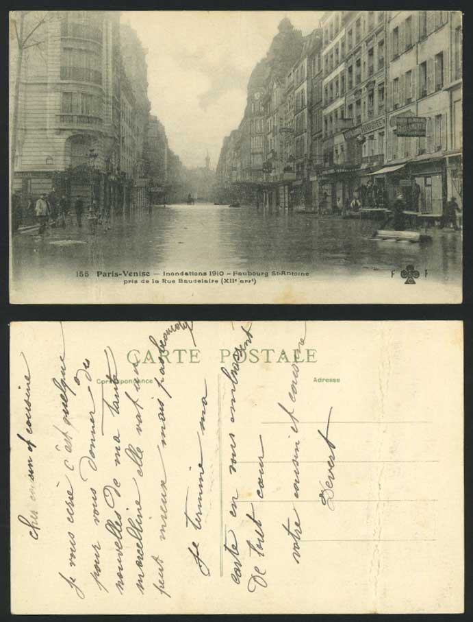 PARIS FLOOD 1910 Postcard Faubourg St-Antoine Baudelair