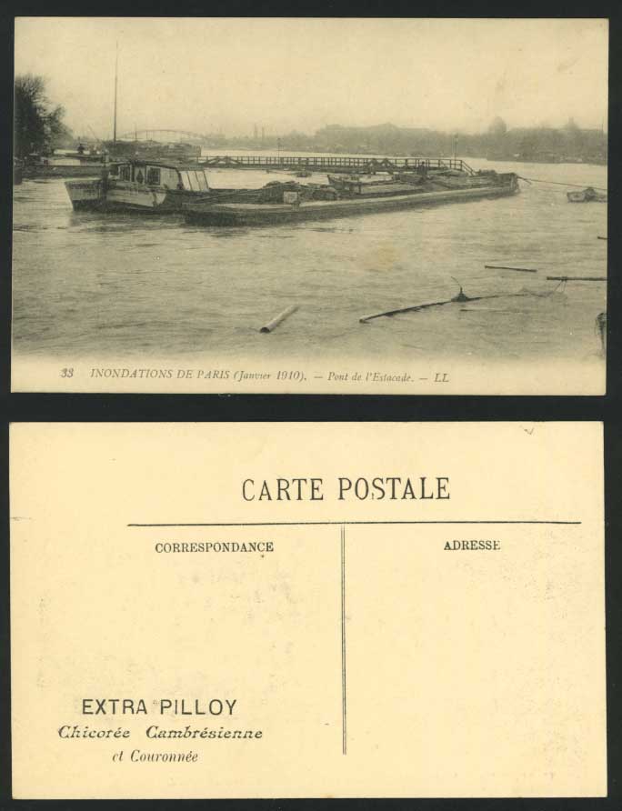 PARIS FLOOD 1910 Old Postcard Pont de l' Estacade Bridge LL Flooded Street Scene