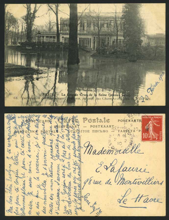 PARIS FLOOD 1910 Old Postcard Avenue des Champs-Elysees